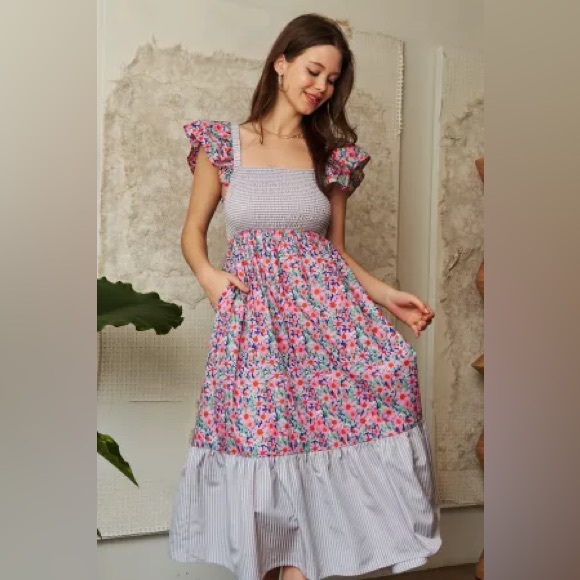 #503 🛑AT COST! LAST 1! Maxi Dress Square Neck Floral Pockets Ruffle Hem Pockets - Picture 2 of 3